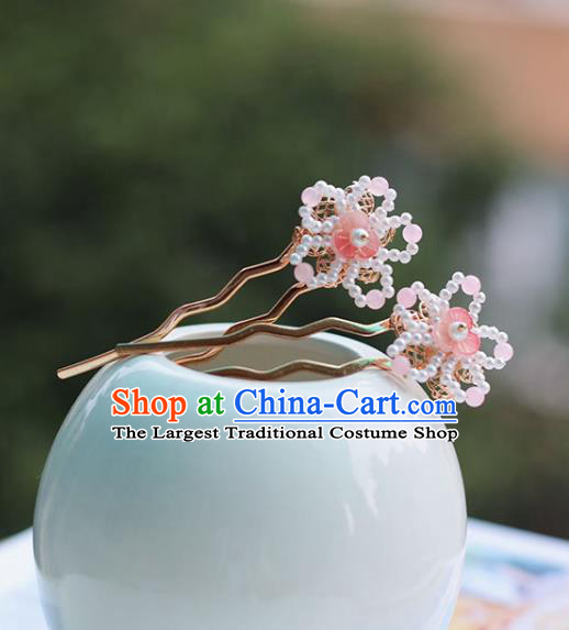 Handmade Chinese Classical Pink Flower Hair Accessories Traditional Hanfu Headwear Ancient Princess Beads Hairpins for Women