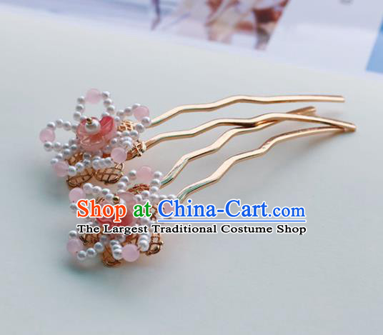 Handmade Chinese Classical Pink Flower Hair Accessories Traditional Hanfu Headwear Ancient Princess Beads Hairpins for Women