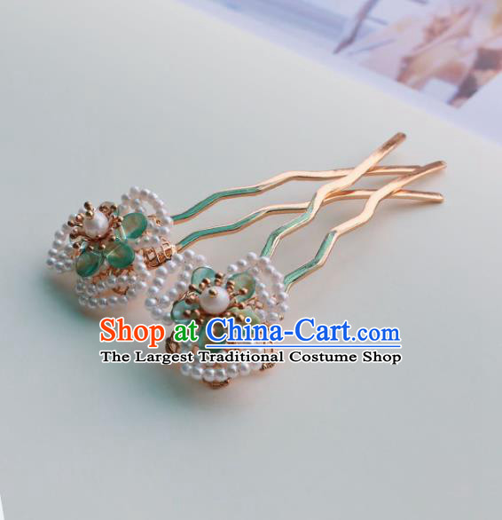 Handmade Chinese Classical Green Flower Hair Accessories Traditional Hanfu Headwear Ancient Princess Beads Hairpins for Women