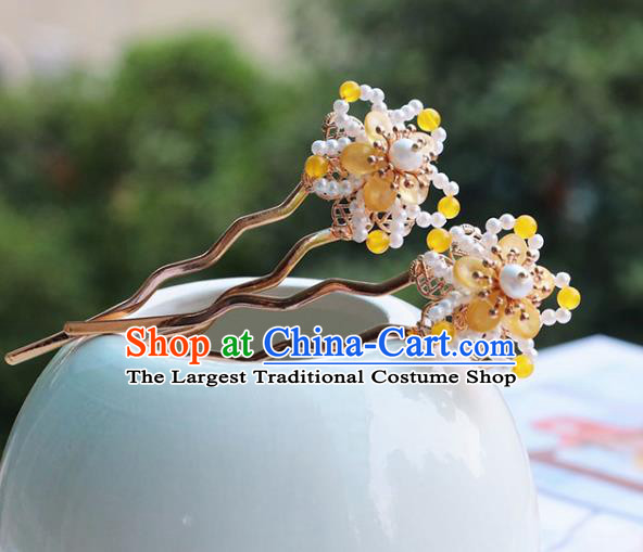 Handmade Chinese Classical Yellow Flower Hair Accessories Traditional Hanfu Headwear Ancient Princess Beads Hairpins for Women