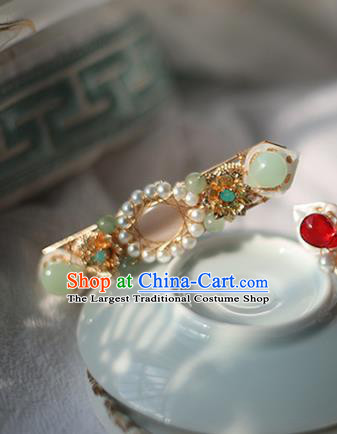 Handmade Chinese Tang Dynasty Green Stone Opal Hair Clip Traditional Classical Hanfu Hair Accessories Ancient Princess Pearls Hairpins for Women