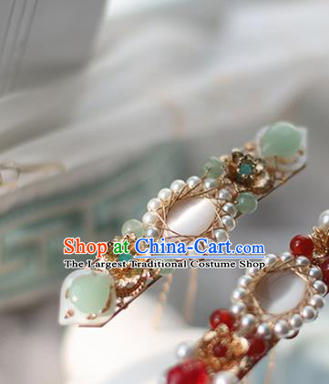 Handmade Chinese Tang Dynasty Green Stone Opal Hair Clip Traditional Classical Hanfu Hair Accessories Ancient Princess Pearls Hairpins for Women
