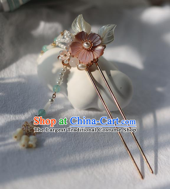 Handmade Chinese Pink Shell Plum Hair Claws Traditional Classical Hanfu Hair Accessories Ancient Princess Pearls Tassel Hairpins for Women