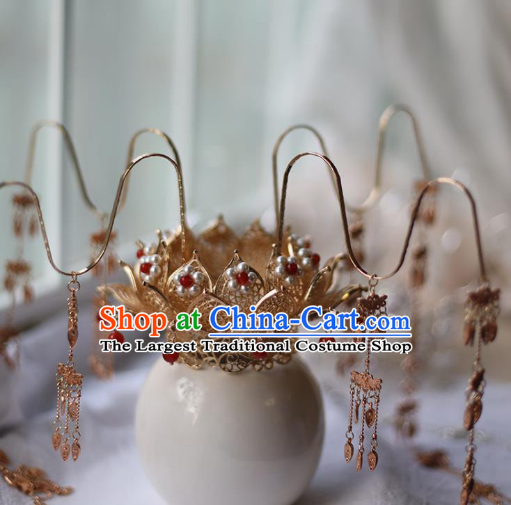 Chinese Classical Pearls Lotus Hair Crown Traditional Wedding Hanfu Hair Accessories Handmade Tassel Hairpins Complete Set