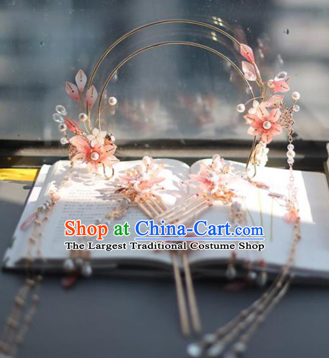 Chinese Classical Pink Flowers Hair Crown Traditional Hanfu Hair Accessories Handmade Tassel Hairpins Hair Clasp