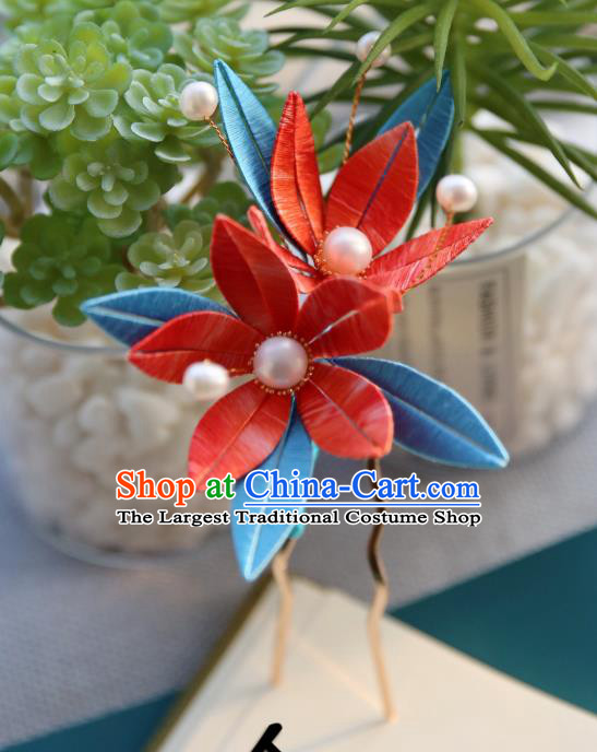 Handmade Chinese Red Silk Flowers Hairpins Traditional Classical Hair Accessories Ancient Princess Hair Clip for Women