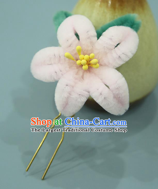 Handmade Chinese Qing Dynasty Pink Velvet Flowers Hairpins Traditional Classical Hair Accessories Ancient Imperial Consort Hair Clip for Women