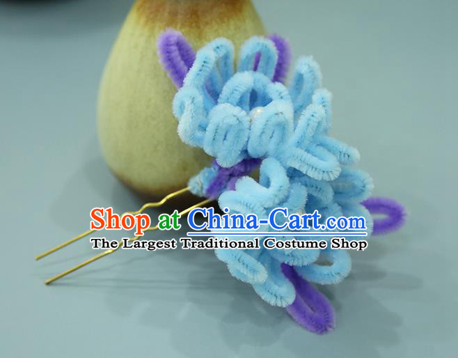 Handmade Chinese Qing Dynasty Blue Velvet Chrysanthemum Hairpins Traditional Classical Hair Accessories Ancient Imperial Consort Hair Clip for Women