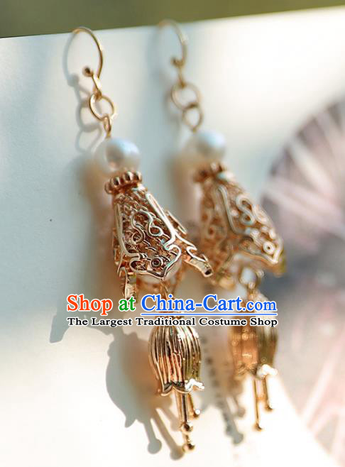 Traditional Chinese Handmade Golden Earrings Ancient Hanfu Court Ear Accessories for Women