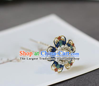 Handmade Chinese Court Blue Hair Clip Traditional Classical Hair Accessories Ancient Qing Dynasty Imperial Consort Pearls Hairpins for Women