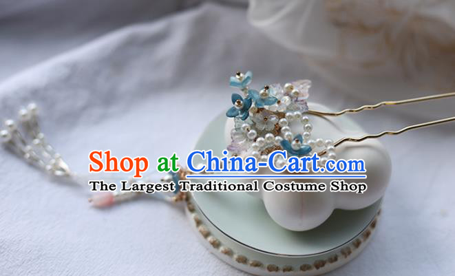 Handmade Chinese Pearls Tassel Hair Clip Traditional Classical Hanfu Hair Accessories Ancient Princess Blue Flowers Hairpins for Women