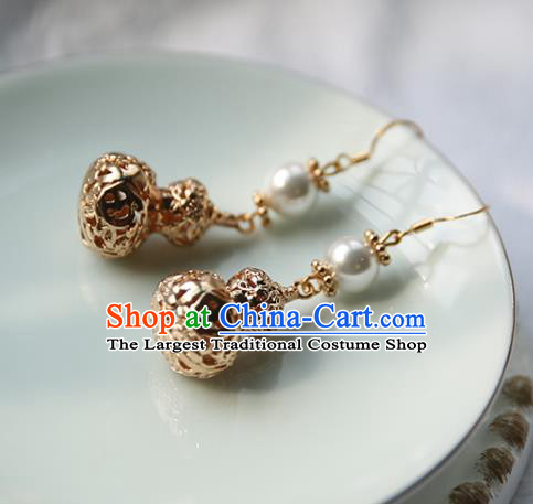 Traditional Chinese Handmade Golden Cucurbit Earrings Ancient Hanfu Court Ear Accessories for Women