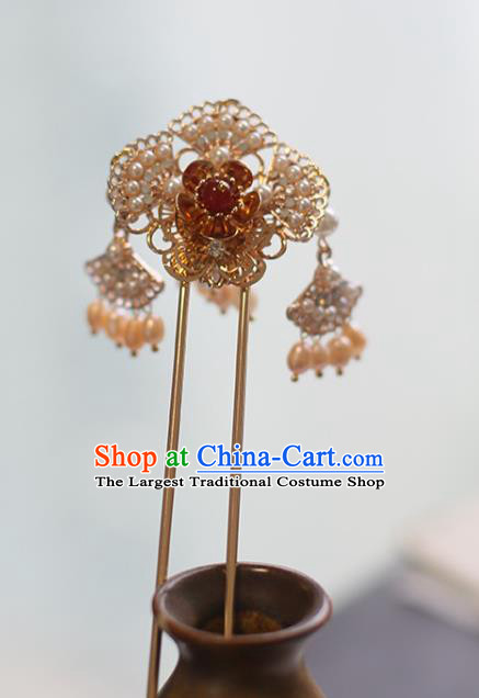 Handmade Chinese Court Red Plum Hair Clip Traditional Classical Hair Accessories Ancient Qing Dynasty Imperial Consort Golden Hairpins for Women
