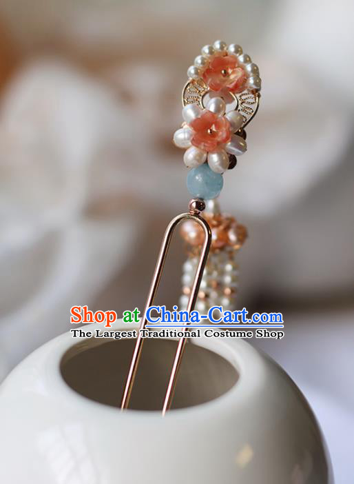 Handmade Chinese Pink Pearls Tassel Hair Clip Traditional Classical Hanfu Hair Accessories Ancient Song Dynasty Hairpins for Women