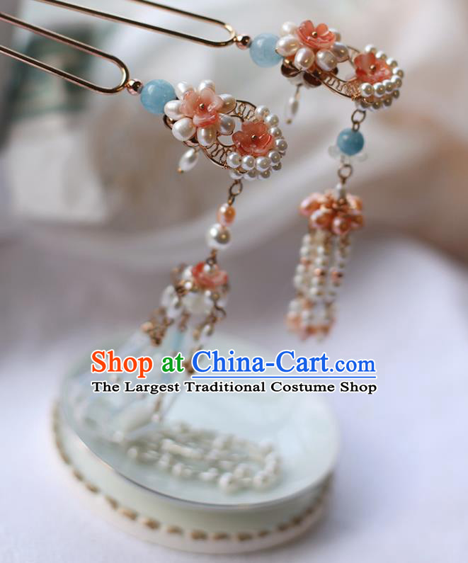 Handmade Chinese Pink Pearls Tassel Hair Clip Traditional Classical Hanfu Hair Accessories Ancient Song Dynasty Hairpins for Women