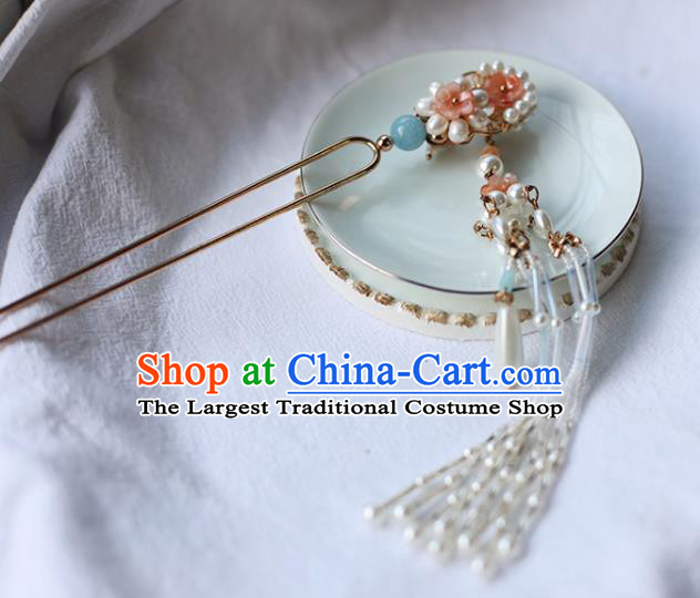 Handmade Chinese Pink Pearls Tassel Hair Clip Traditional Classical Hanfu Hair Accessories Ancient Song Dynasty Hairpins for Women