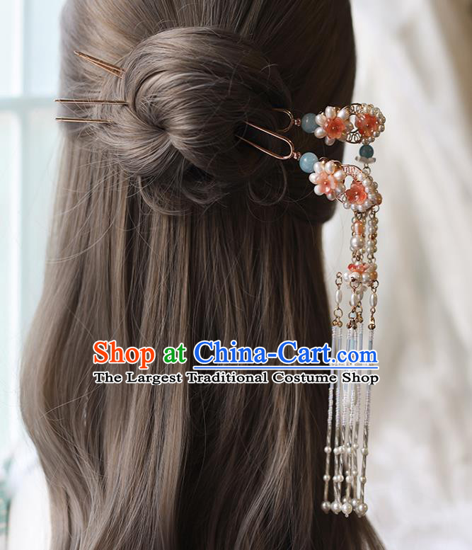 Handmade Chinese Pink Pearls Tassel Hair Clip Traditional Classical Hanfu Hair Accessories Ancient Song Dynasty Hairpins for Women