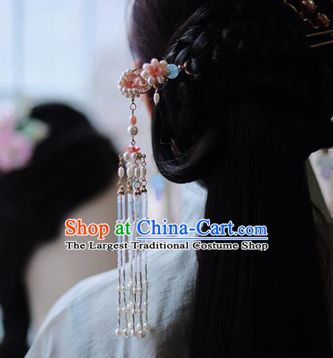 Handmade Chinese Pink Pearls Tassel Hair Clip Traditional Classical Hanfu Hair Accessories Ancient Song Dynasty Hairpins for Women