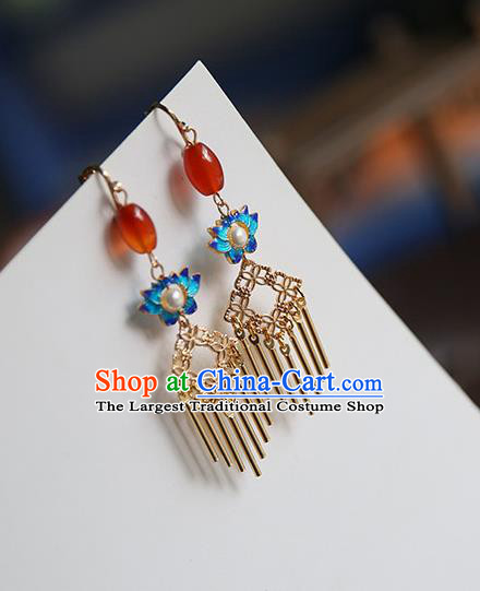 Traditional Chinese Handmade Agate Earrings Ancient Hanfu Court Blueing Lotus Ear Accessories for Women