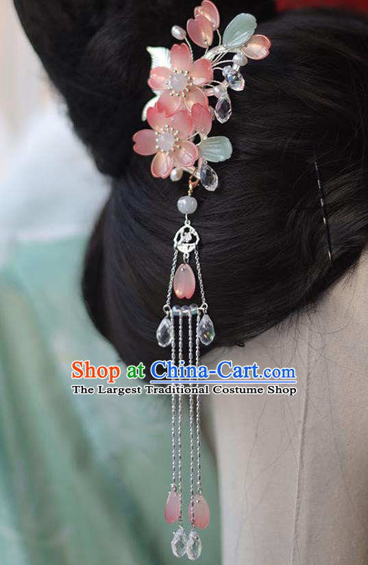 Handmade Chinese Pink Hair Claws Traditional Classical Hanfu Hair Accessories Ancient Sakura Tassel Hairpins for Women