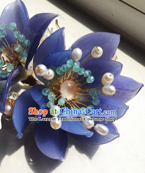 Handmade Chinese Court Chalcedony Hairpins Traditional Classical Hair Accessories Ancient Qing Dynasty Princess Blue Lotus Hair Comb for Women