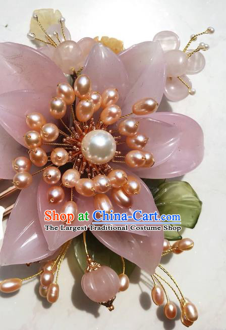 Handmade Chinese Court Pearls Hairpins Traditional Classical Hair Accessories Ancient Qing Dynasty Princess Pink Lotus Hair Comb for Women