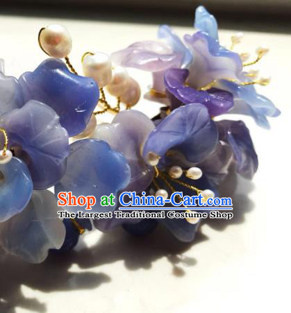 Handmade Chinese Court Blue Flowers Hairpins Traditional Classical Hair Accessories Ancient Qing Dynasty Princess Pearls Hair Comb for Women