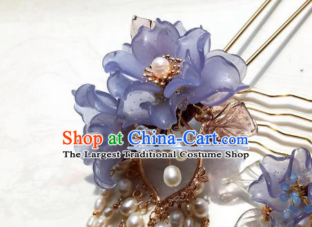 Handmade Chinese Court Purple Lotus Hairpins Traditional Classical Hair Accessories Ancient Qing Dynasty Princess Pearls Tassel Hair Clip for Women