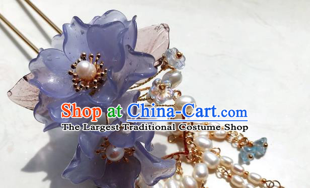 Handmade Chinese Court Purple Lotus Hairpins Traditional Classical Hair Accessories Ancient Qing Dynasty Princess Pearls Tassel Hair Clip for Women