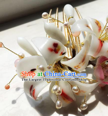 Handmade Chinese Court Princess Hairpins Traditional Classical Hair Accessories Ancient Qing Dynasty White Lily Flowers Hair Comb for Women