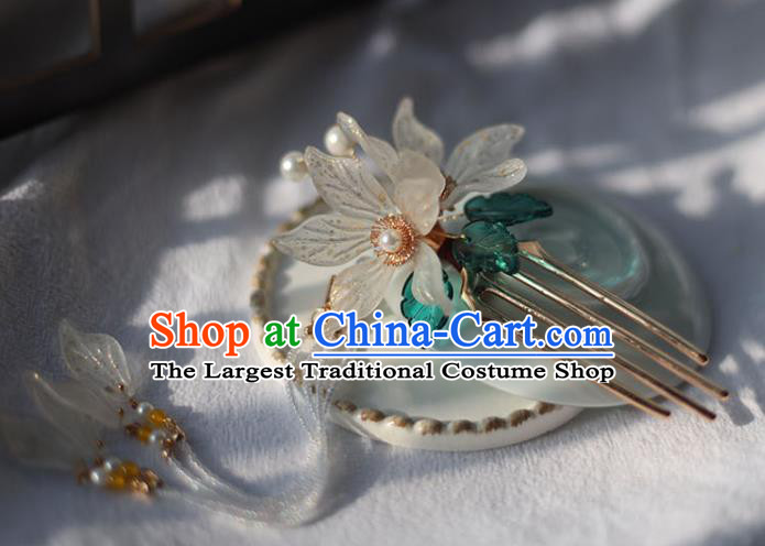 Handmade Chinese Flowers Tassel Hair Combs Traditional Classical Hanfu Hair Accessories Ancient Glass Hairpins for Women