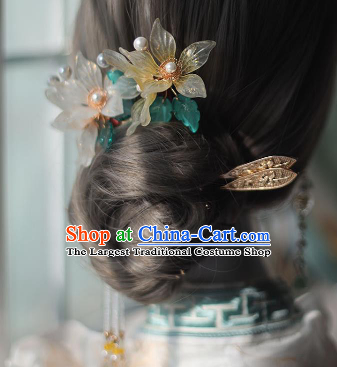 Handmade Chinese Flowers Tassel Hair Combs Traditional Classical Hanfu Hair Accessories Ancient Glass Hairpins for Women