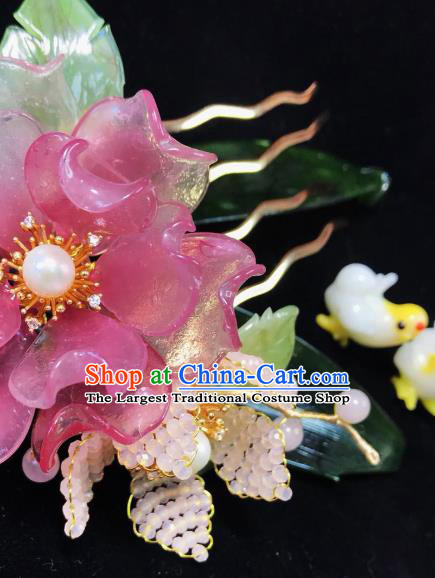Handmade Chinese Court Beads Leaf Hairpins Traditional Classical Hair Accessories Ancient Qing Dynasty Pink Peony Hair Comb for Women