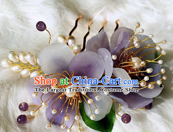 Handmade Chinese Classical Amethyst Beads Hairpins Traditional Hair Accessories Ancient Qing Dynasty Purple Peony Hair Comb for Women
