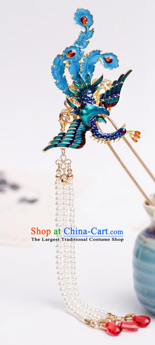 Handmade Chinese Classical Blue Phoenix Hairpins Traditional Hair Accessories Ancient Beads Tassel Hair Clip for Women