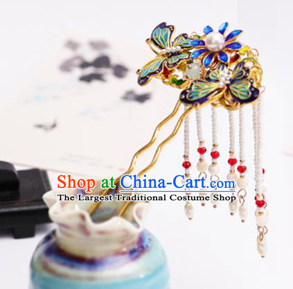 Handmade Chinese Classical Blueing Butterfly Hairpins Traditional Hair Accessories Ancient Hanfu Tassel Hair Clip for Women