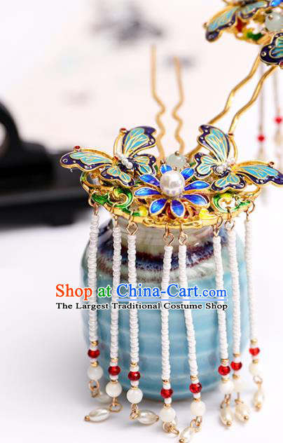 Handmade Chinese Classical Blueing Butterfly Hairpins Traditional Hair Accessories Ancient Hanfu Tassel Hair Clip for Women
