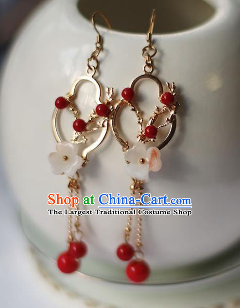 Traditional Chinese Handmade Plum Earrings Ancient Hanfu Red Beads Tassel Ear Accessories for Women