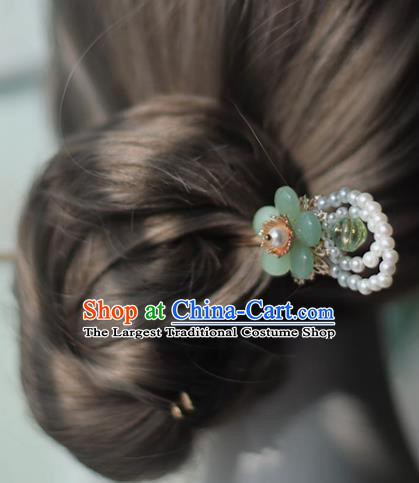 Handmade Chinese Pearls Hair Clip Traditional Classical Hanfu Hair Accessories Ancient Green Plum Hairpins for Women