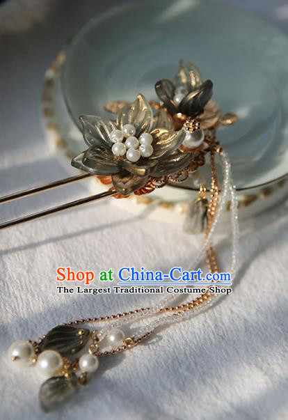 Handmade Chinese Beads Tassel Hair Clip Traditional Classical Hanfu Hair Accessories Ancient Grey Lotus Hairpins for Women