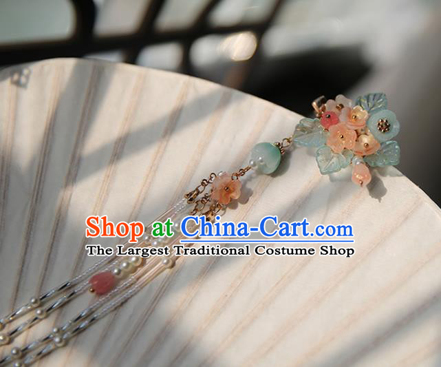 Handmade Chinese Beads Tassel Hair Claw Traditional Classical Hanfu Hair Accessories Ancient Pink Flowers Hairpins for Women