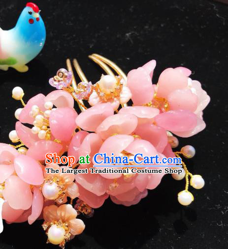 Handmade Chinese Court Pink Hair Comb Traditional Classical Hair Accessories Ancient Qing Dynasty Peony Hairpins for Women