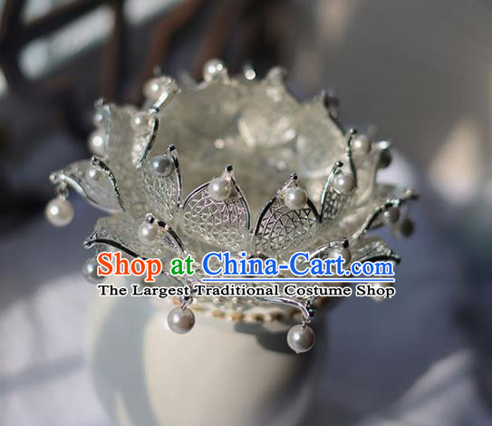 Handmade Chinese Classical Argent Lotus Hair Crown Traditional Hair Accessories Ancient Hanfu Tassel Hairpins for Women
