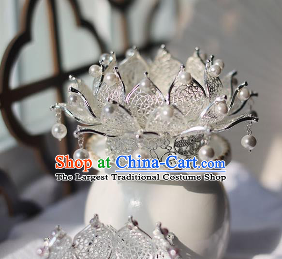 Handmade Chinese Classical Argent Lotus Hair Crown Traditional Hair Accessories Ancient Hanfu Tassel Hairpins for Women