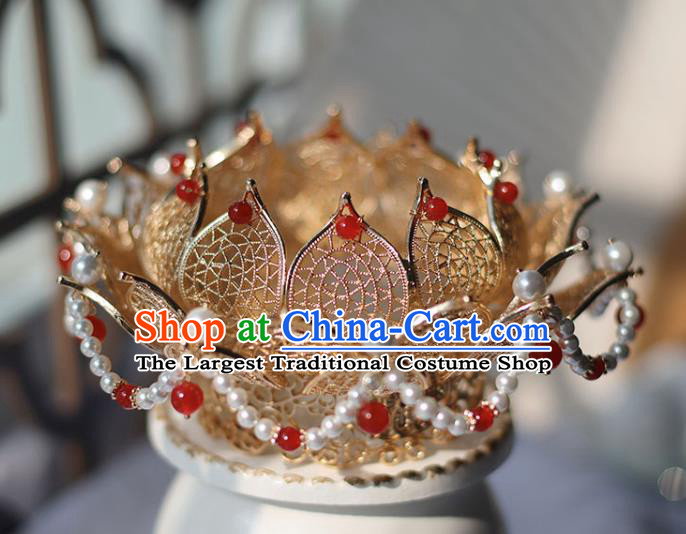 Handmade Chinese Classical Golden Lotus Hair Crown Traditional Hair Accessories Ancient Hanfu Red Beads Hairpins for Women