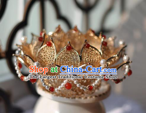 Handmade Chinese Classical Golden Lotus Hair Crown Traditional Hair Accessories Ancient Hanfu Red Beads Hairpins for Women