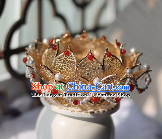 Handmade Chinese Classical Golden Lotus Hair Crown Traditional Hair Accessories Ancient Hanfu Red Beads Hairpins for Women