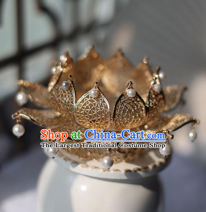 Handmade Chinese Classical Golden Lotus Hair Crown Traditional Hair Accessories Ancient Hanfu White Beads Hairpins for Women