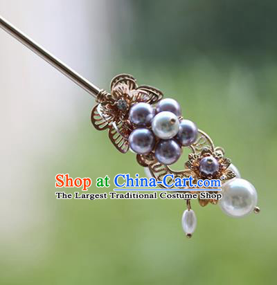 Handmade Chinese Classical Purple Beads Hair Clip Traditional Hair Accessories Ancient Hanfu Golden Tassel Pearls Hairpins for Women