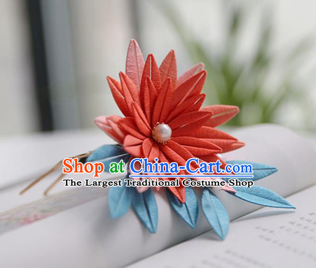 Handmade Chinese Classical Red Silk Flower Hair Clip Traditional Hair Accessories Ancient Hanfu Court Hairpins for Women